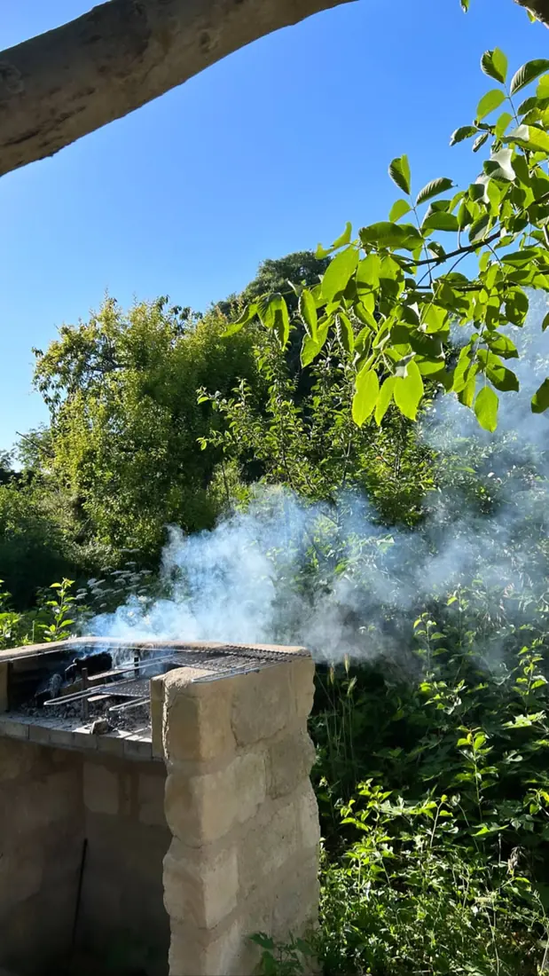 Smoke rising from the stone barbecue, green trees behind it